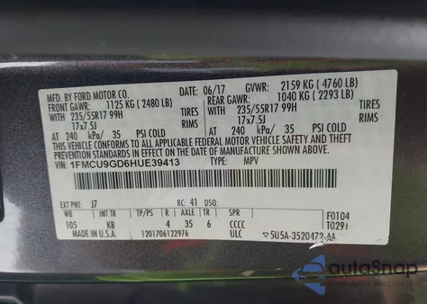 2017 Ford Escape Se из США, поврежденный, VIN 1FMCU9GD6HUE39413